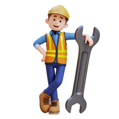 3d construction worker character lying on big wrench free png
